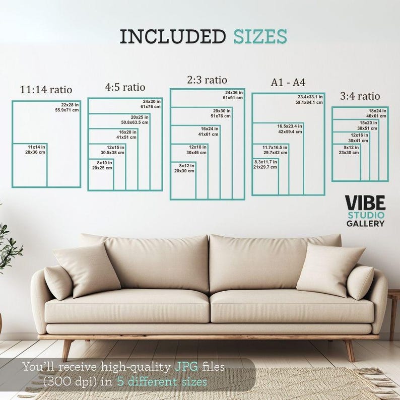 May include: Image showcasing various print sizes, including 11x14 inches, 16x20 inches, and 24x36 inches, with corresponding metric measurements. The text "INCLUDED SIZES" is at the top. The image also includes the text "VIBE STUDIO GALLERY".