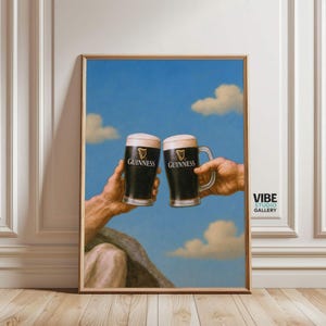 Two hands toasting with Guinness pints in a playful vintage-style illustration, inspired by a classic painting. A quirky Guinness poster perfect for pub decor, kitchen wall art, mid-century decor or any beer lover gift — digital download printable artwork.