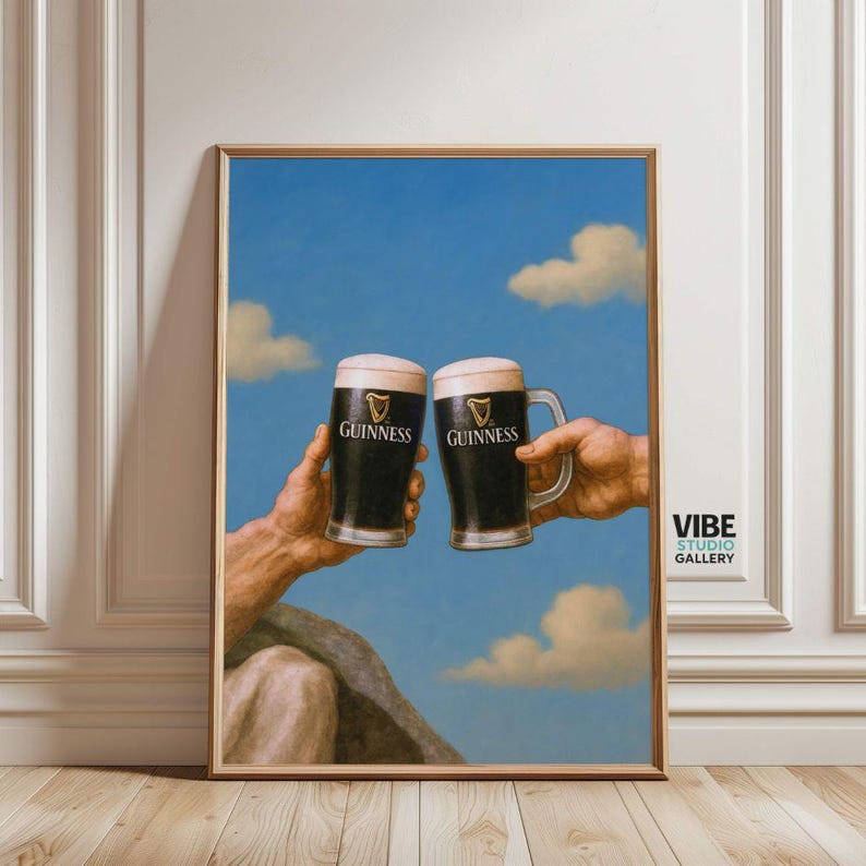 Two hands toasting with Guinness pints in a playful vintage-style illustration, inspired by a classic painting. A quirky Guinness poster perfect for pub decor, kitchen wall art, mid-century decor or any beer lover gift — digital download printable artwork.