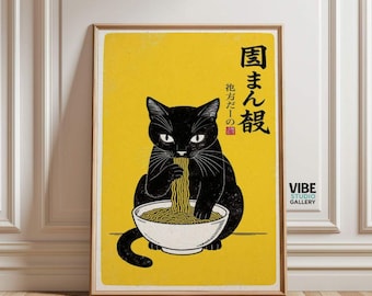 Ramen Black Cat Poster: Japanese Food Art Print, Vintage Kitchen Wall Art (Digital Download)