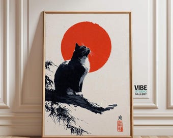 黒猫の水墨画｜日本のアート「愛は強い」（デジタルダウンロード
