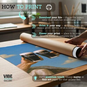 May include: A print of a painting featuring two Guinness pints against a blue sky, with the text "GUINNESS" visible on the glasses. The print is rolled up in a brown tube. The text "HOW TO PRINT" and instructions are at the top.