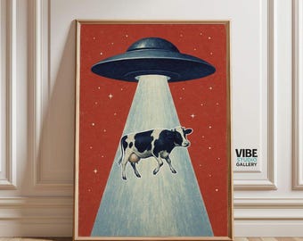UFO Abduction Poster, Retro Futurism Cow Illustration, Whimsical Sci-Fi Print (Digital Download)