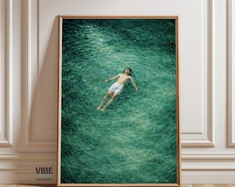 Floating Man Ocean Poster: Abstract Green Minimalist Swimming Print, Relaxing Wall Decor (Digital download)
