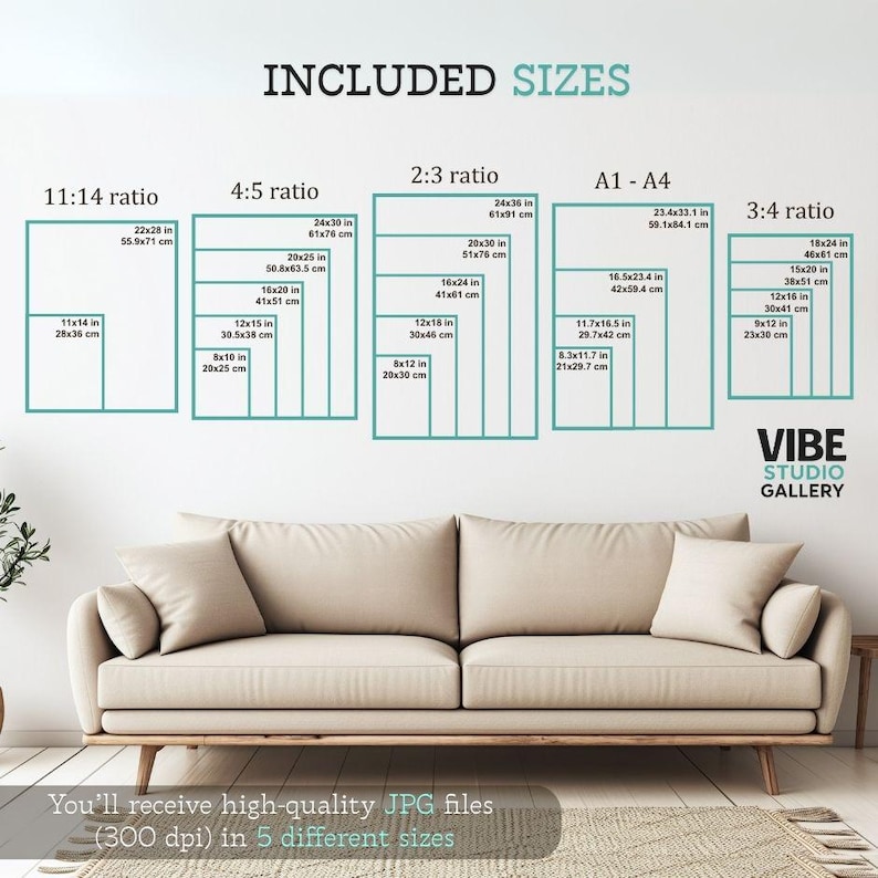 May include: An image showcasing various print sizes, including 11x14 inches, 20x30 inches, and 24x36 inches, with corresponding metric measurements. The text "INCLUDED SIZES" is displayed above the size options. The image also includes the text "VIBE STUDIO GALLERY".