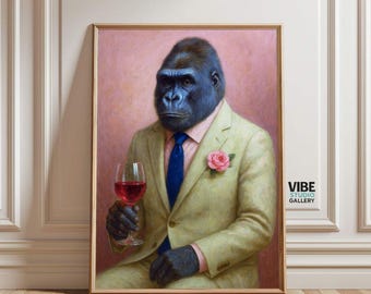 Pink Gorilla Poster: Bar & Pub Print, Classy Oil Painting Style Art  (Digital Download)