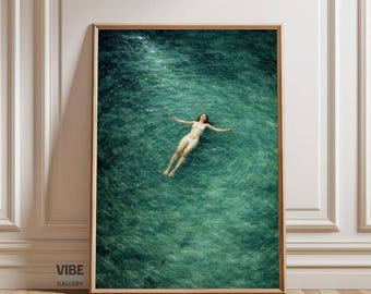 Floating Woman Ocean Poster: Abstract Green Minimalist Swimming Print, Relaxing Wall Decor (Digital download)