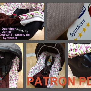 May include: A close-up of a car seat cover pattern with a pink and green print of small cars. The pattern is labeled "PATRON PDF" and includes the names of several car seat brands: Hauck, Graco, Bebe Confort, and Chicco.