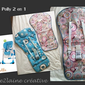 May include: Two blue and white patterned high chair cushions with straps. The cushions are designed to fit a Chicco Polly 2 in 1 high chair. The cushions are shown on a white surface.