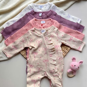 Waffle Knit Baby Jumpsuit: Ruffled Footie with Bow, Newborn Coming Home Outfit