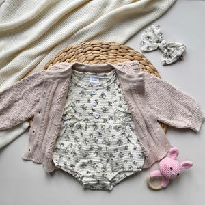 Knit Baby Cardigan Outfit: Floral Muslin Romper & Bow Headband