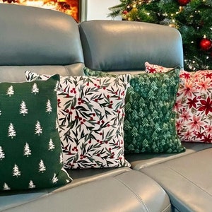 Christmas Tree Throw Pillow Cover | Holiday Decor | Christmas Holly Poinsettia Pillow | Country Christmas Decorations | FarmHouse Decor