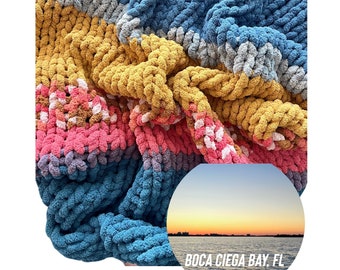 Chunky Chenille Knit Blanket | Sunset Vibes Collection | Boho Sunset Knit Blanket | Hand Made | Beach House Decor| Chunky Knit Couch Throw |