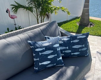 Outdoor Pillow w/ Zipper | Pillow Cover | Tropical Decor | Fish Pillow | Decorative Patio Furniture | Decorate | Removable | Coastal | Blue