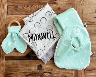 Personalized Baby Gift Box | Baby Blanket | Bib & Burp | Teether | Boy | Girl | Unisex | Hand Made Baby Shower | New Mom | Stars Moon