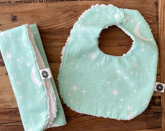 Moon & Stars Bib and Burp Cloth Set in Mint | Gender Neutral Baby Gift | Moon Lunar Comet Galaxy Metallic Baby Boy Girl