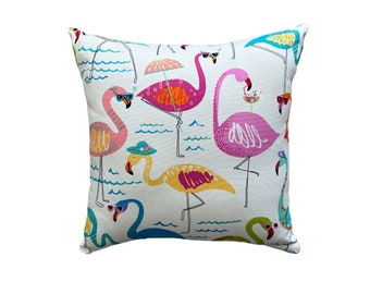 Outdoor Flamingo Pillow Cover w/ Zipper | Decorative Patio Furniture | Water & UV Resistant | Tropical Decor | Zippered | Island Beach Party