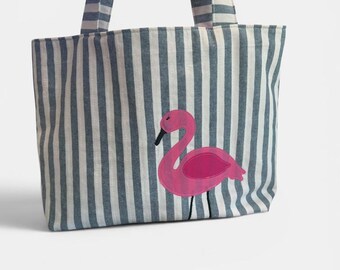 Handmade Quilted Flamingo Beach Bag | Flamingo Tote Bag | Fabric Appliquéd Travel Bag |