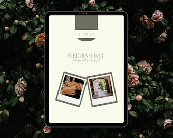 May include: A digital tablet displays a wedding photography checklist. The screen shows the text "YES I DO" above "WEDDING DAY Photography checklist". Two polaroid-style photos are featured, one of hands with rings and another of a bride.