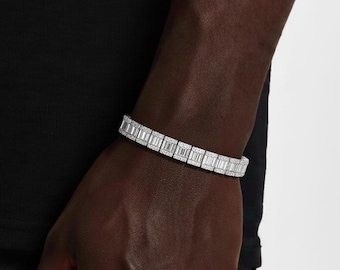 Baguette Tennis Armband | 10mm | Weißgold überzogen | Geschenk für Sie und Ihn | Zartes Stacking Armband