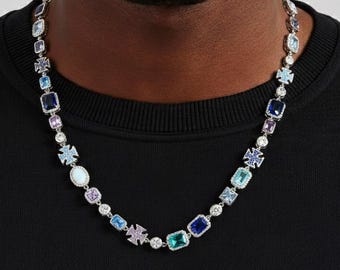 Blaue Edelstein Motiv Kette | Weißgold überzogene CZ Halskette für Männer | Farbiges Stein Geschenk