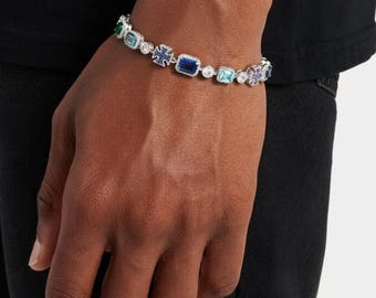 Blaues Multi Edelstein Motiv Armband | 5mm | Weißgold überzogen | Geschenk für Sie/Ihn
