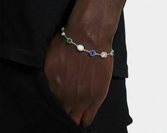Multi Edelstein Motiv Armband | Weißgold überzogen | Geschenk für Sie/Ihn