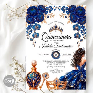 Invitación Quinceañera Azul Rey y Dorado, Plantilla Editable Sweet 15, Antifaz Masquerade XV Años, Corona Princesa, Digital