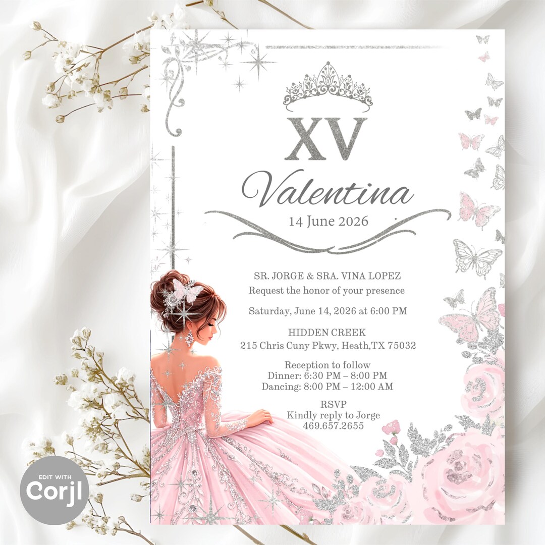 Pink and Silver Quinceañera Invitation – Editable Sweet 15 Template ...