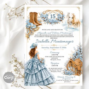Invitación Quinceañera Charra Dusty Blue y Plata, Plantilla Editable XV Años Mexicana Azul, Sweet 15 Charro , Sombrero Caballos y Botas