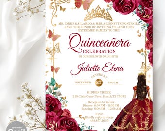 Burgundy and Gold Quinceañera Invitation – Editable Sweet 15 Template with Charro Dress, Roses and Gold Tiara – Digital XV Invite