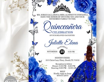 May include: A Quinceañera invitation with a royal blue and white floral design. The invitation includes the text "Quinceañera Celebration" and details for the event, including the date, time, and location. Butterflies and a tiara are also featured.
