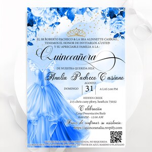 Invito per la Quinceanera - Invito digitale modificabile - Invito floreale per i 15 anni - Modello di compleanno Blue Gold XV - Inviti XV - Tiara principessa oro