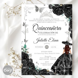 Black and Silver Quinceañera Invitation – Editable Sweet 15 Template with Gala Dress and Silver Tiara – Digital XV Invite