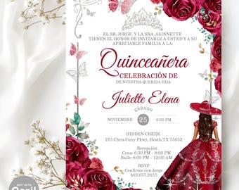 Burgundy and Silver Quinceañera Invitation – Editable Sweet 15 Template with Charro Dress, Roses and Tiara – Digital XV Invite