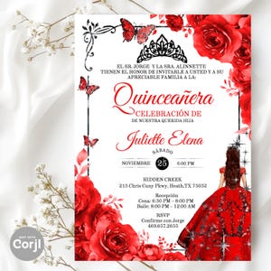 Puede incluir: Una invitación de Quinceañera con un diseño floral rojo y blanco. La invitación presenta el texto "Quinceañera" y "Juliette Elena" en una elegante escritura, junto con los detalles del evento. Mariposas y rosas adornan los bordes.
