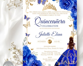May include: A royal blue Quinceañera invitation with gold accents, featuring butterflies, roses, and a princess illustration. The invitation includes event details for Juliette Elena's celebration on November 25th at 6:00 PM.