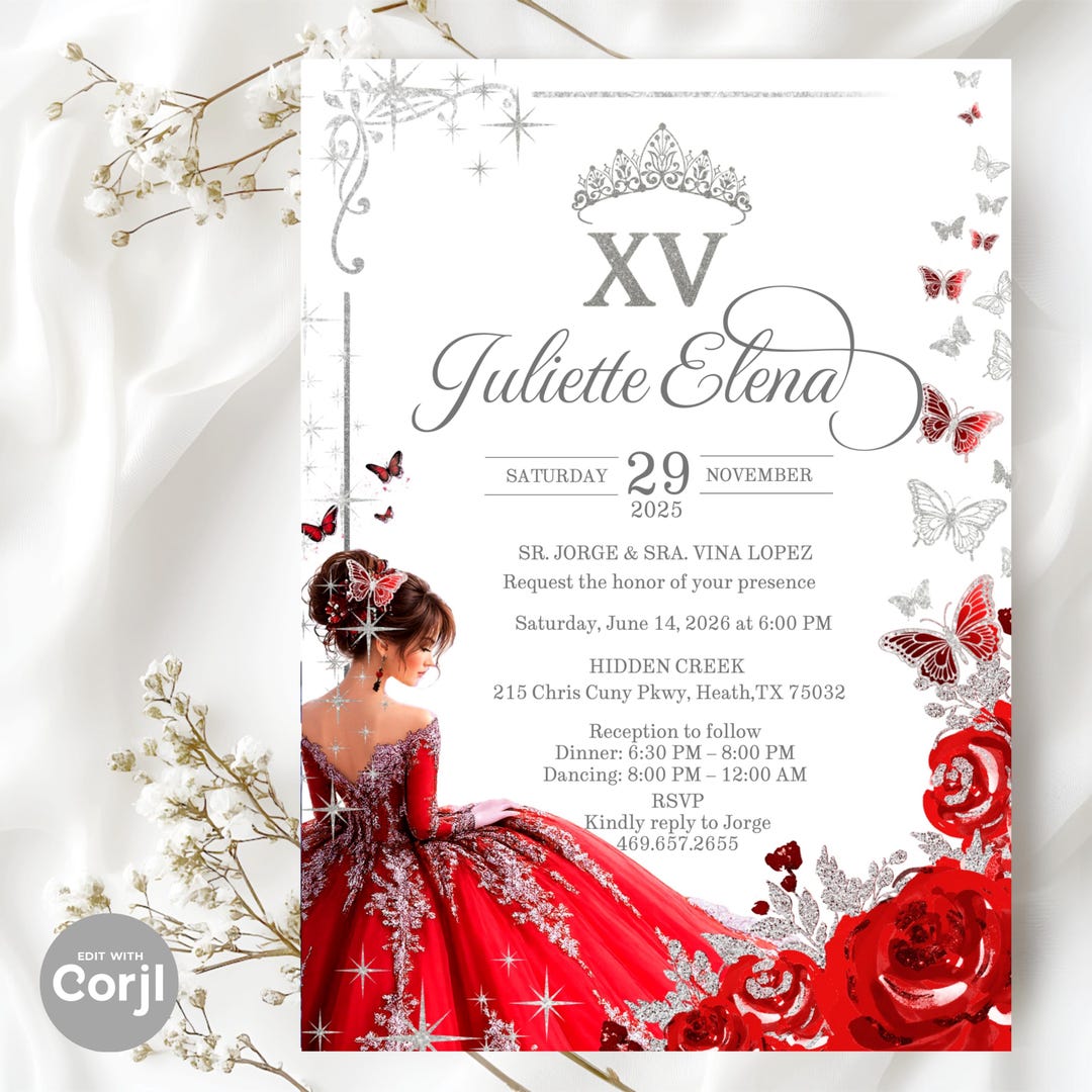 Red and Silver Princess Quinceañera Invitation With Butterflies, Floral ...