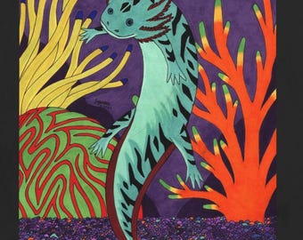 Fluorescent Axolotl Graphic Tee – Vibrant Neon Salamander Aquarium Art Shirt