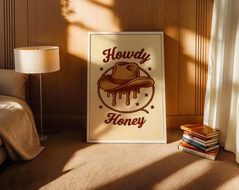 Póster rústico de sombrero de vaquero "Howdy Honey" - Decoración de pared rústica del oeste / Arte de pared imprimible / Descarga digital / Estética del oeste