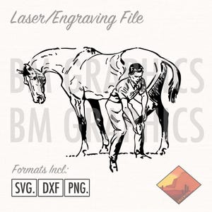 Könnte beinhalten: Schwarz-weiß Laser-Gravurdatei mit einem Hufschmied, der ein Pferd beschlägt. Das Bild enthält den Text "Laser/Engraving File" und "Formats Incl: SVG, DXF, PNG."
