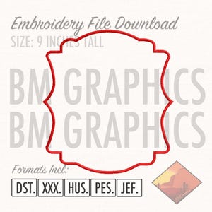 Puede incluir: Diseño de descarga de archivo de bordado rojo, 23 cm de alto. El diseño incluye el texto "Embroidery File Download" y "BM GRAPHICS". Los formatos incluyen DST, XXX, HUS, PES y JEF.