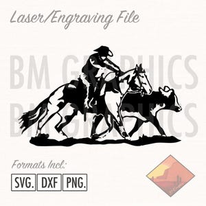 May include: Black and white laser engraving file featuring a cowboy on horseback roping a cow. The image includes the text "Laser/Engraving File" and file format options: SVG, DXF, and PNG.