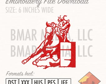 Op de afbeelding: Rood borduurpatroon download ontwerp van een rodeo scène met een ruiter op een paard, 15 cm breed. Het ontwerp bevat de tekst "Embroidery File Download" en "Formats Incl: DST. XXX. HUS. PES. JEF."