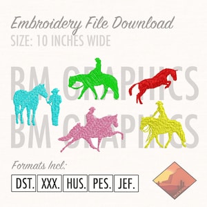 May include: An embroidery file download graphic with colorful horse and rider designs. The file is 10 inches wide and includes formats DST, XXX, HUS, PES, and JEF. The designs include a turquoise horse with a person, a green horse with a rider, a red horse jumping, a pink horse with a rider, and a yellow horse with a rider.