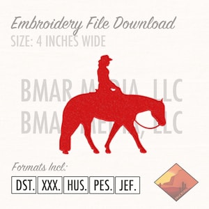 May include: Red silhouette embroidery design of a person riding a horse. The design is 4 inches wide and includes the following file formats: DST, XXX, HUS, PES, JEF.