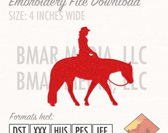 May include: Red silhouette embroidery design of a person riding a horse. The design is 4 inches wide and includes the following file formats: DST, XXX, HUS, PES, JEF.