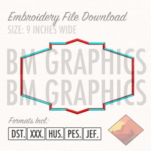 Könnte beinhalten: Eine Stickdatei-Download-Grafik mit roter und türkisfarbener Umrandung, 23 cm breit. Der Text "Embroidery File Download" und "Formats Incl: DST. XXX. HUS. PES. JEF." werden angezeigt. Die Grafik enthält ein BM GRAPHICS-Wasserzeichen.
