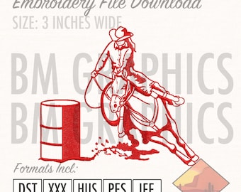 May include: Red embroidery file download featuring a barrel racer on a horse, with a barrel and the text "Embroidery File Download." The design is 3 inches wide. Includes DST, XXX, HUS, PES, and JEF formats.