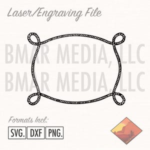 May include: A black and white line drawing of a lasso rope in the shape of a square frame. The text "Laser/Engraving File" is at the top of the image. The text "BMAR MEDIA, LLC" is repeated twice below the frame. The text "Formats Incl: SVG. DXF PNG." is at the bottom of the image.